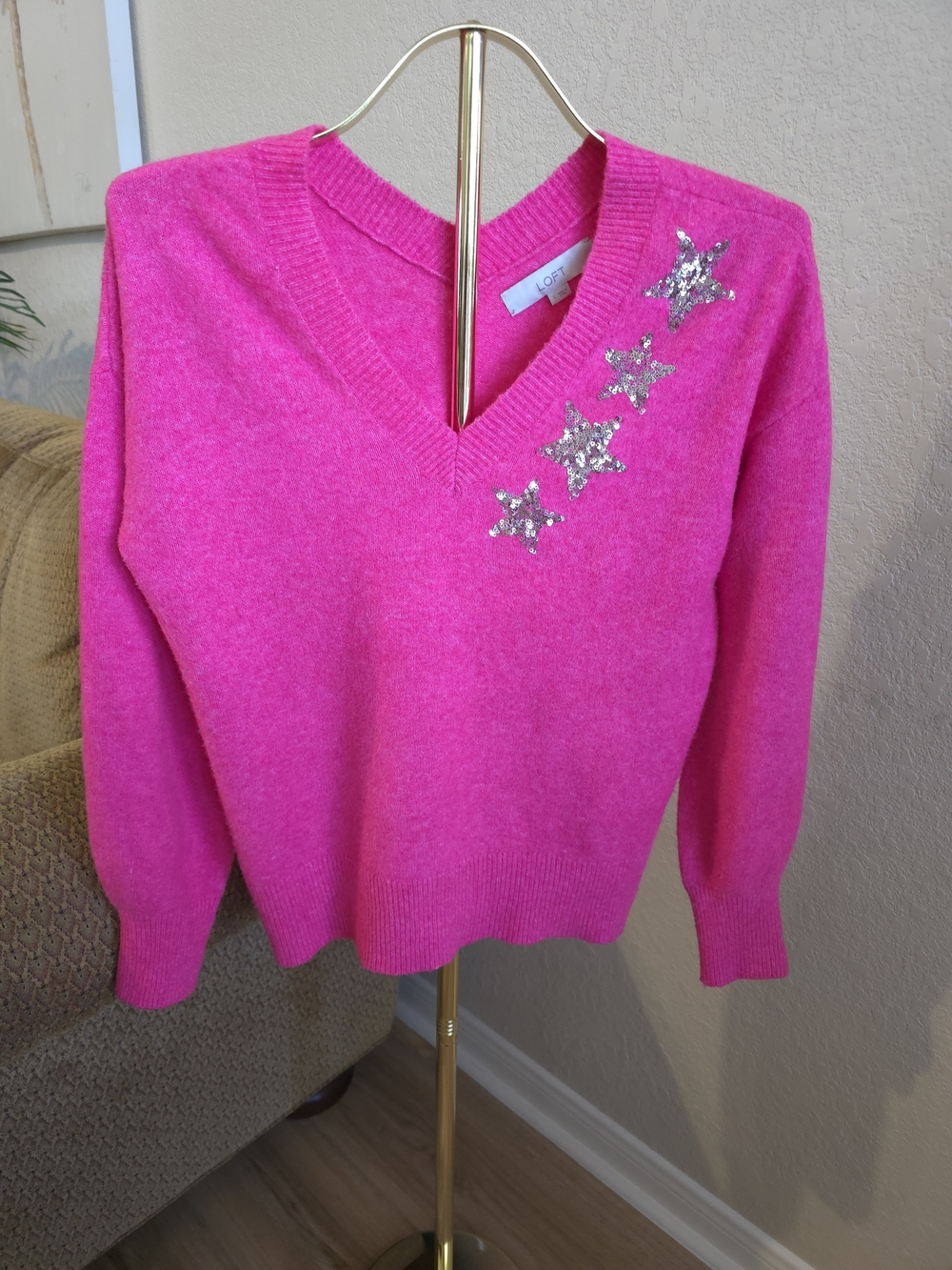 LOFT Hot Pink V-Neck Sweater with Silver Sequin Stars